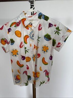 J. Crew White Linen Short-Sleeve Shirt with Colorful Fruit Print
